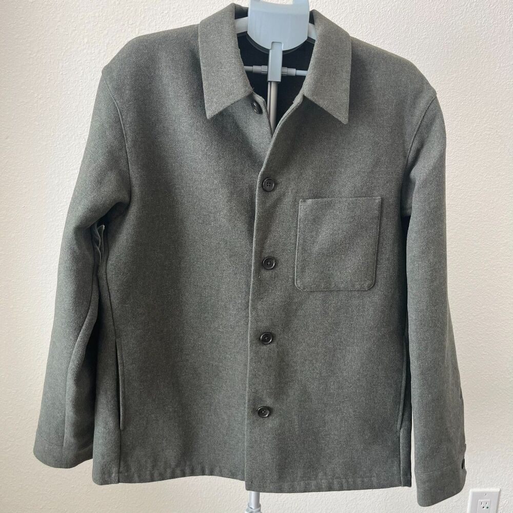 Uniqlo Double Face Shirt Jacket Mens Large Green Acrylic Pocket Button Front